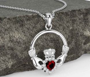 Diamond Garnet Silver Claddagh Necklace