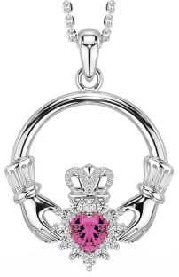 Diamond Pink Tourmaline Silver Claddagh Necklace