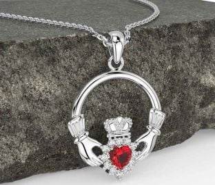 Diamond Ruby Silver Claddagh Necklace