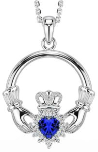 Diamond Sapphire Silver Claddagh Necklace