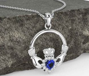 Diamond Sapphire Silver Claddagh Necklace