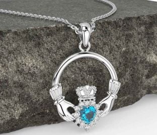 Diamond Topaz Silver Claddagh Necklace