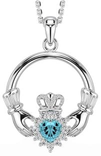 Diamond Aquamarine White Gold Claddagh Necklace