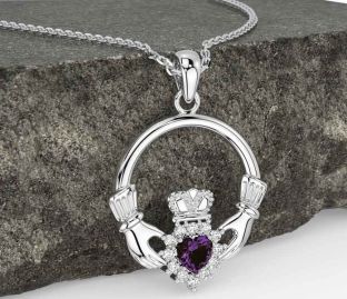 Diamond Alexandrite White Gold Claddagh Necklace
