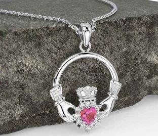 Diamond Pink Tourmaline White Gold Claddagh Necklace