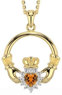 Diamond Citrine Gold Claddagh Necklace