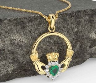 Diamond Emerald Gold Claddagh Necklace