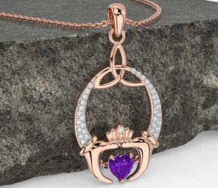 Diamond Amethyst Rose Gold Silver Claddagh Trinity Knot Necklace