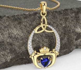 Diamond Sapphire Gold Silver Claddagh Trinity Knot Necklace