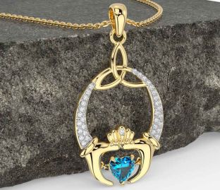Diamond Topaz Gold Silver Claddagh Trinity Knot Necklace