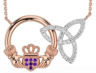 Diamond Amethyst Rose Gold Silver Claddagh Trinity Knot Necklace