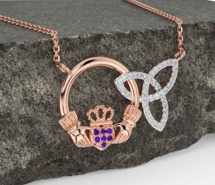 Diamond Amethyst Rose Gold Silver Claddagh Trinity Knot Necklace