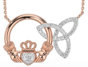 Diamond Rose Gold Silver Claddagh Trinity Knot Necklace