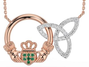 Diamond Emerald Rose Gold Silver Claddagh Trinity Knot Necklace