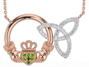 Diamond Peridot Rose Gold Silver Claddagh Trinity Knot Necklace