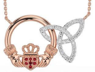 Diamond Ruby Rose Gold Silver Claddagh Trinity Knot Necklace