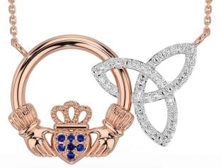 Diamond Sapphire Rose Gold Silver Claddagh Trinity Knot Necklace