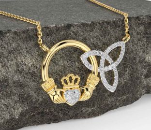 Diamond Gold Silver Claddagh Trinity Knot Necklace