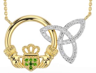 Diamond Peridot Gold Silver Claddagh Trinity Knot Necklace