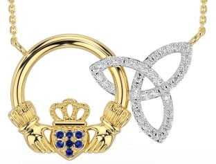 Diamond Sapphire Gold Silver Claddagh Trinity Knot Necklace