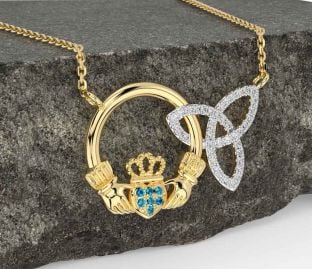 Diamond Topaz Gold Silver Claddagh Trinity Knot Necklace