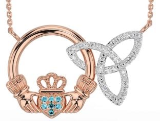 Diamond Aquamarine Rose Gold Claddagh Trinity Knot Necklace