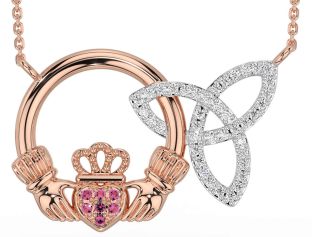 Diamond Pink Tourmaline Rose Gold Claddagh Trinity Knot Necklace