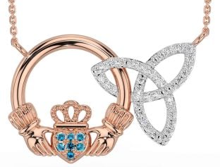 Diamond Topaz Rose Gold Claddagh Trinity Knot Necklace