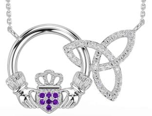 Diamond Amethyst Silver Claddagh Trinity Knot Necklace