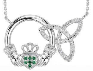 Diamond Emerald Silver Claddagh Trinity Knot Necklace