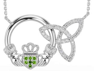 Diamond Peridot Silver Claddagh Trinity Knot Necklace