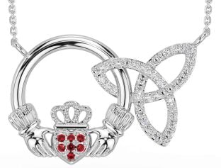 Diamond Ruby Silver Claddagh Trinity Knot Necklace