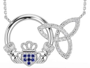 Diamond Sapphire Silver Claddagh Trinity Knot Necklace