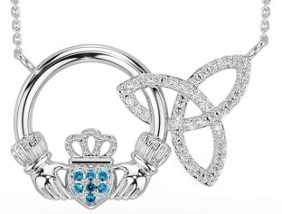 Diamond Topaz Silver Claddagh Trinity Knot Necklace