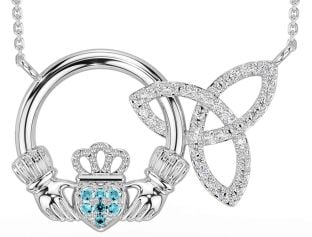 Diamond Aquamarine White Gold Claddagh Trinity Knot Necklace