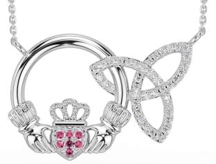 Diamond Pink Tourmaline White Gold Claddagh Trinity Knot Necklace