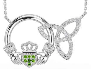 Diamond Peridot White Gold Claddagh Trinity Knot Necklace