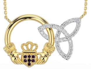 Diamond Alexandrite Gold Claddagh Trinity Knot Necklace