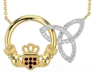 Diamond Garnet Gold Claddagh Trinity Knot Necklace