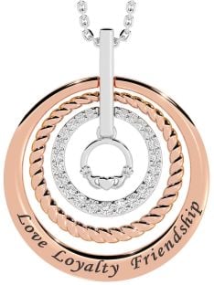 Diamond Rose Gold Silver Claddagh Irish "Love, Loyalty, & Friendship" Necklace