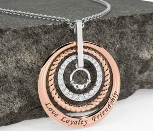 Diamond Rose Gold Silver Claddagh Irish "Love, Loyalty, & Friendship" Necklace
