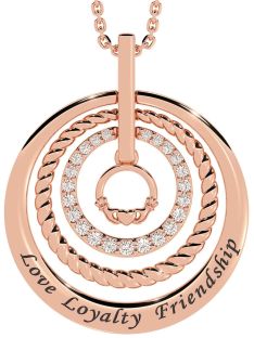 Diamond Rose Gold Silver Claddagh Irish "Love, Loyalty, & Friendship" Necklace