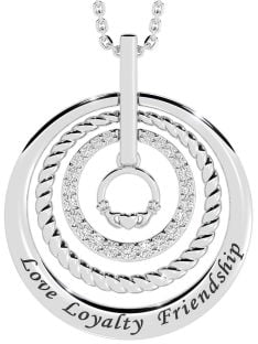 Diamond Silver Claddagh Irish "Love, Loyalty, & Friendship" Necklace