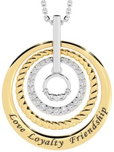 Diamond White Yellow Gold Claddagh Irish "Love, Loyalty, & Friendship" Necklace