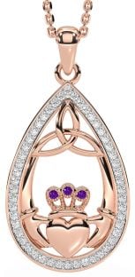 Diamond Amethyst Rose Gold Silver Claddagh Trinity Knot Necklace