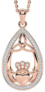 Diamond Rose Gold Silver Claddagh Trinity Knot Necklace