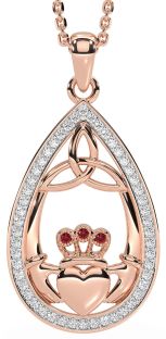 Diamond Ruby Rose Gold Silver Claddagh Trinity Knot Necklace