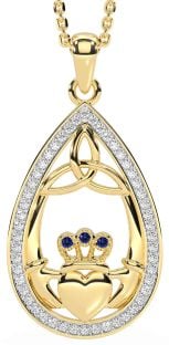 Diamond Sapphire Gold Silver Claddagh Trinity Knot Necklace