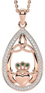 Diamond Emerald Rose Gold Claddagh Trinity Knot Necklace