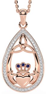 Diamond Sapphire Rose Gold Claddagh Trinity Knot Necklace